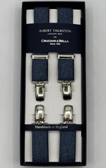 Albert Thurston for Cruciani &amp; Bella

Made in England
Clip on
Adjustable Sizing
25 mm elastic braces
Light Blue Melange&nbsp;
X-Shaped
Nickel Fittings
Size Multifit Adjustable&nbsp;Length:&nbsp;115cm (= 45 inch) Maximum