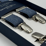 Albert Thurston for Cruciani &amp; Bella

Made in England
Clip on
Adjustable Sizing
25 mm elastic braces
Light Blue Melange&nbsp;
X-Shaped
Nickel Fittings
Size Multifit Adjustable&nbsp;Length:&nbsp;115cm (= 45 inch) Maximum