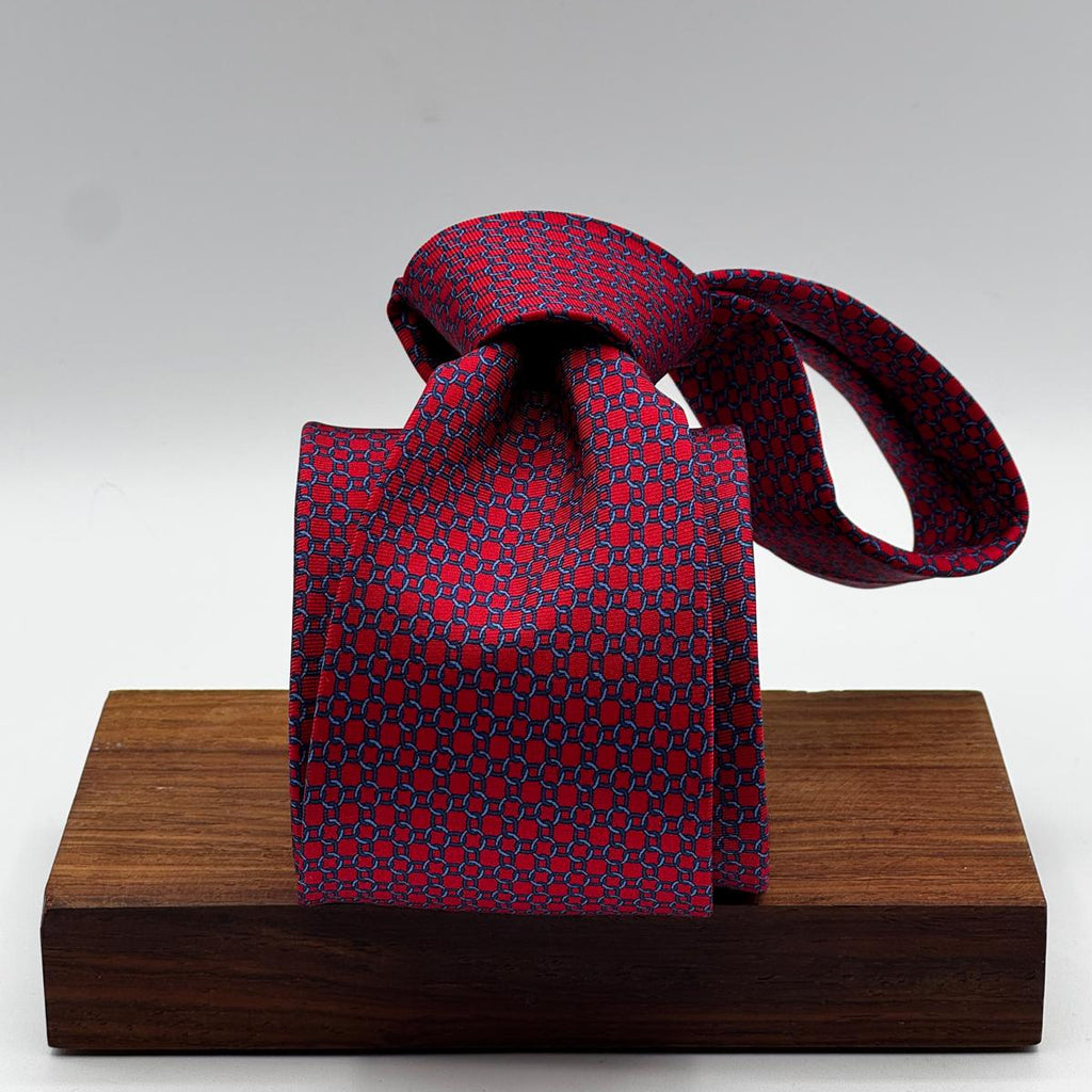 Cruciani &amp; Bella
100% Printed Silk&nbsp;
Tipped
Red, Light Blue and Blue Motif Tie
Handmade in Italy
8 cm x 148 cm
New Old Stock