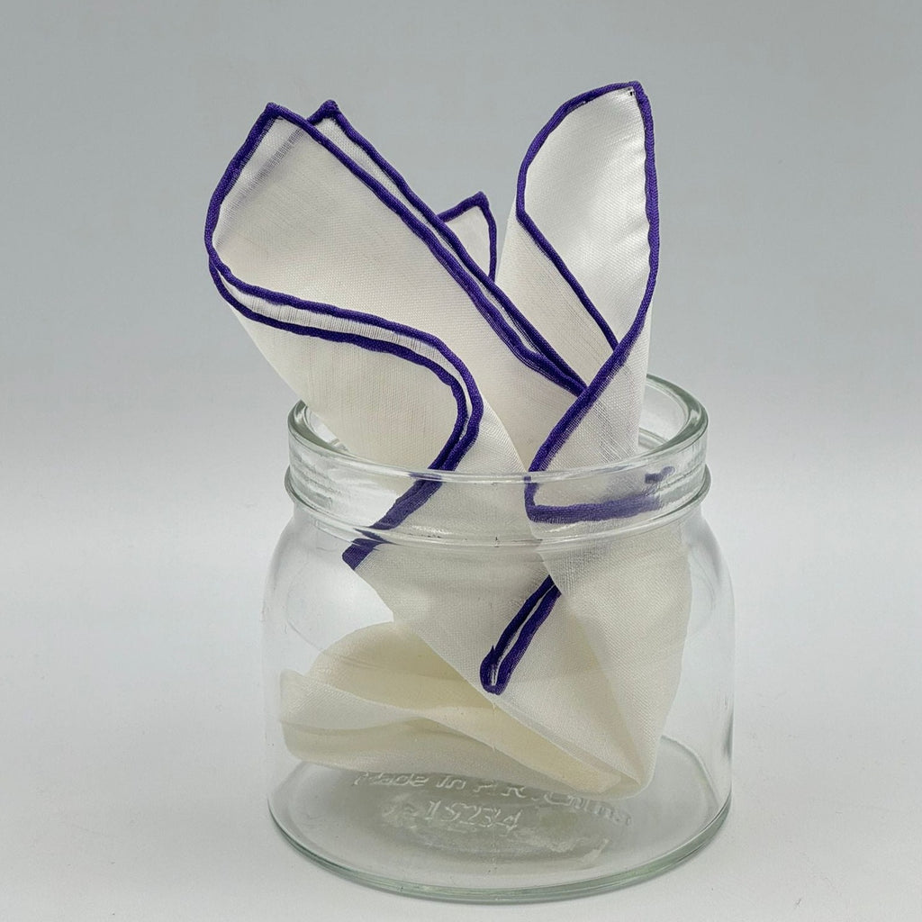 Cruciani &amp; Bella 60%Linen 40% Cotton Hand-rolled&nbsp; -&nbsp; Pocket Square White and Violet Handmade in Italy  33 cm X 33 cm