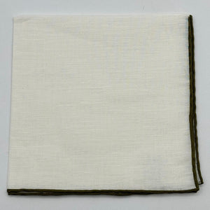 Cruciani &amp; Bella 60%Linen 40% Cotton Hand-rolled&nbsp; -&nbsp; Pocket Square White and Olive Green Handmade in Italy  33 cm X 33 cm