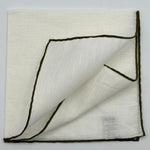 Cruciani &amp; Bella 60%Linen 40% Cotton Hand-rolled&nbsp; -&nbsp; Pocket Square White and Olive Green Handmade in Italy  33 cm X 33 cm