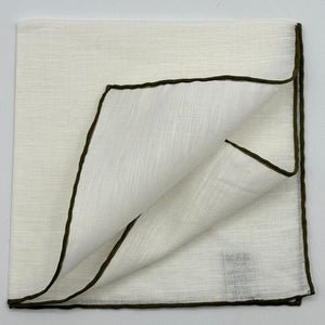 Cruciani &amp; Bella 60%Linen 40% Cotton Hand-rolled&nbsp; -&nbsp; Pocket Square White and Olive Green Handmade in Italy  33 cm X 33 cm