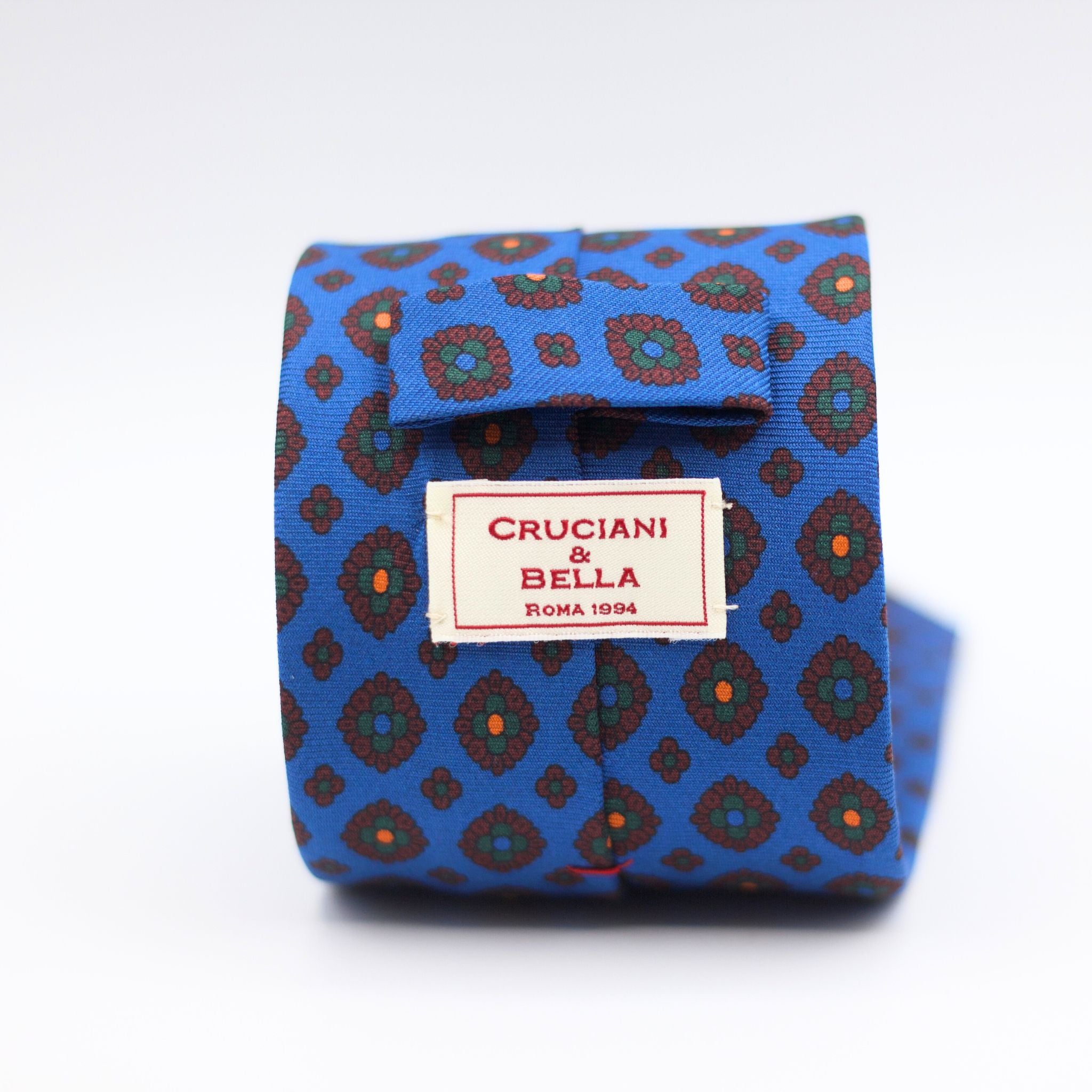 Cruciani & Bella 100% Printed Silk Tipped Light Blue, Burgundy, Green and Orange Motif Tie 8 cm x 150 cm Handmade in Italy