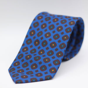 Cruciani & Bella 100% Printed Silk Tipped Light Blue, Burgundy, Green and Orange Motif Tie 8 cm x 150 cm Handmade in Italy