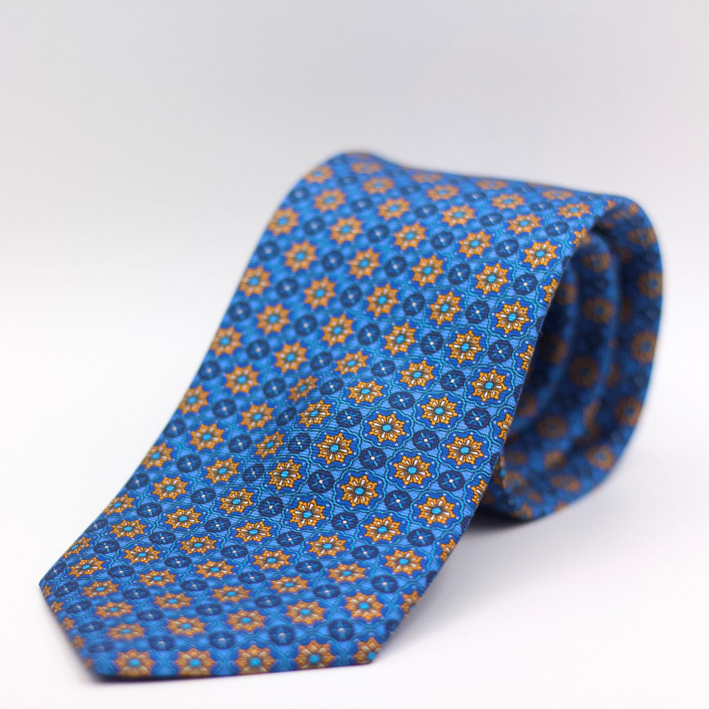 Cruciani & Bella 100% Silk Printed Self-Tipped Light Blue, Yellow and Blue Tie Handmade in Rome, Italy. 8 cm x 150 cm