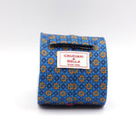 Cruciani & Bella 100% Silk Printed Self-Tipped Light Blue, Yellow and Blue Tie Handmade in Rome, Italy. 8 cm x 150 cm