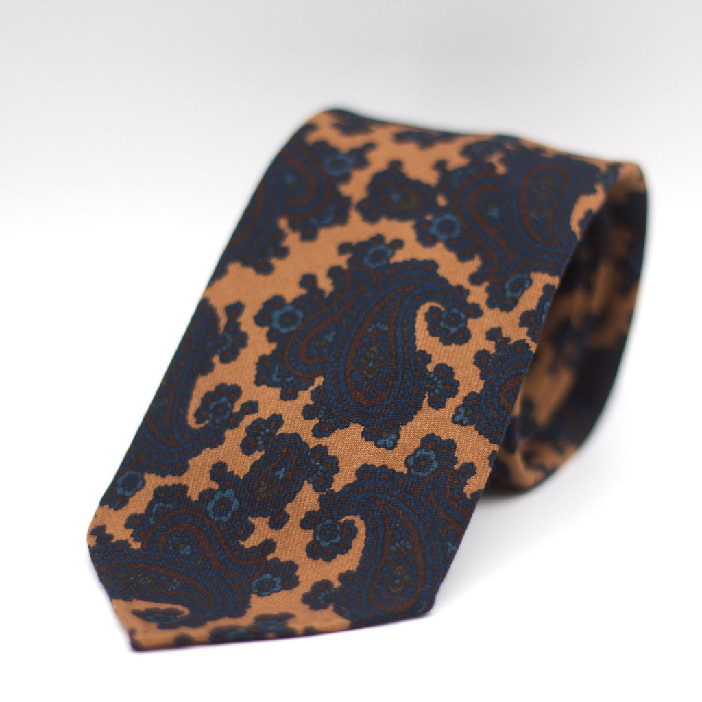 Cruciani & Bella 100%  Printed Wool  Unlined Hand rolled blades Light Brown, Blue and Burgundy  Paisley Motifs Tie Handmade in Italy 8 cm x 150 cm