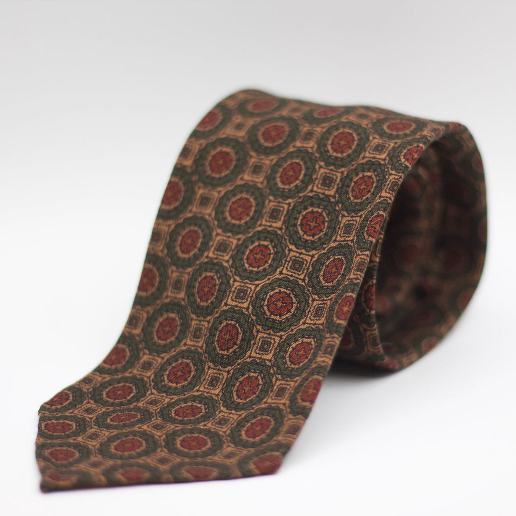 Cruciani & Bella 100%  Printed Wool  Unlined Hand rolled blades Light Brown, Brown and Green Motifs Tie Handmade in Italy 8 cm x 150 cm