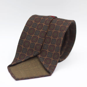 Cruciani & Bella 100%  Printed Wool  Unlined Hand rolled blades Light Brown, Brown and Green Motifs Tie Handmade in Italy 8 cm x 150 cm