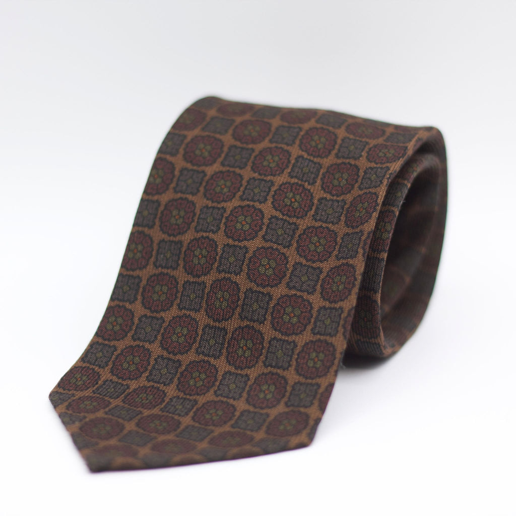 Cruciani & Bella 100%  Printed Wool  Unlined Hand rolled blades Light Brown, Brown and Green Motifs Tie Handmade in Italy 8 cm x 150 cm