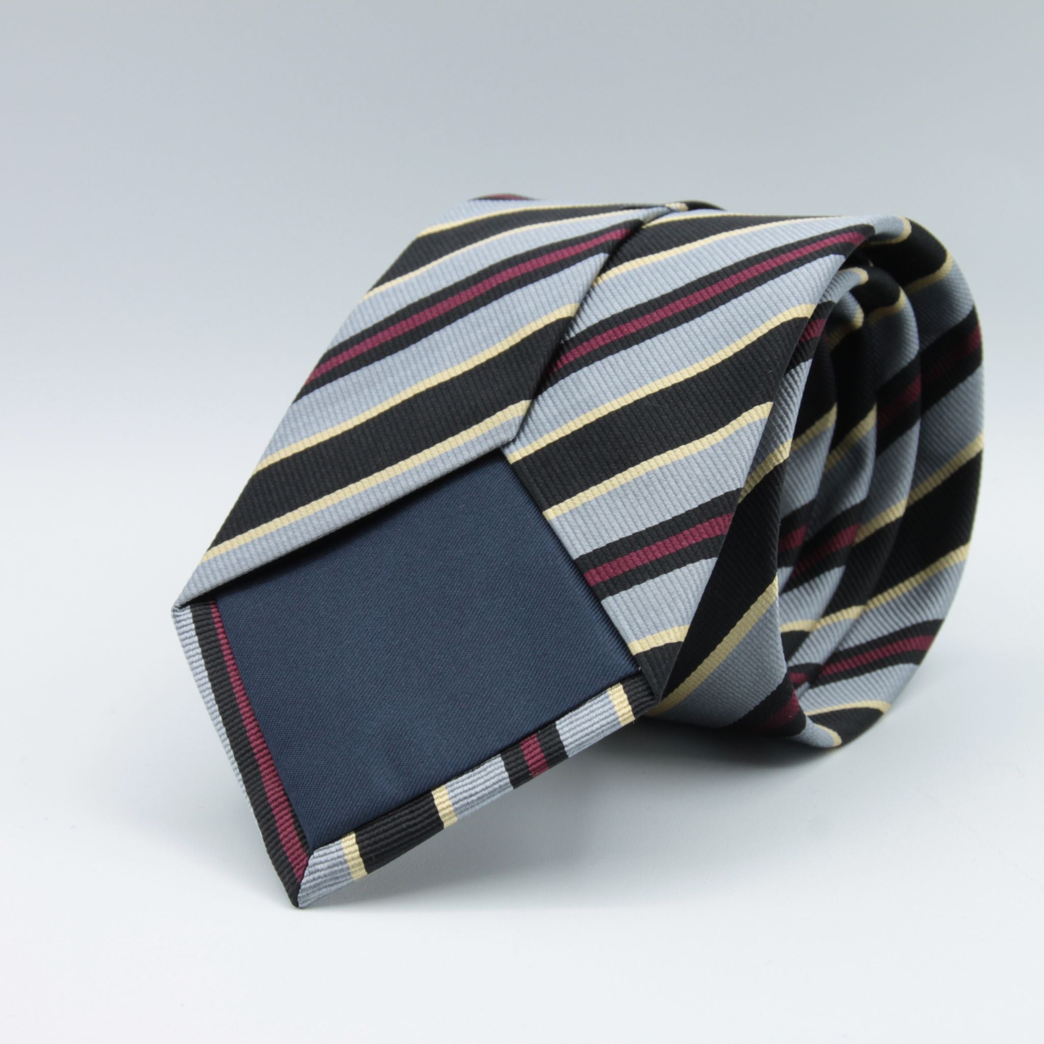 Cruciani & Bella 100% Silk Jacquard  Tipped Regimental "London Scottish" Light Grey, Black, Yellow and Red stripes tie Handmade in Italy 8 cm x 148 cm #2523
