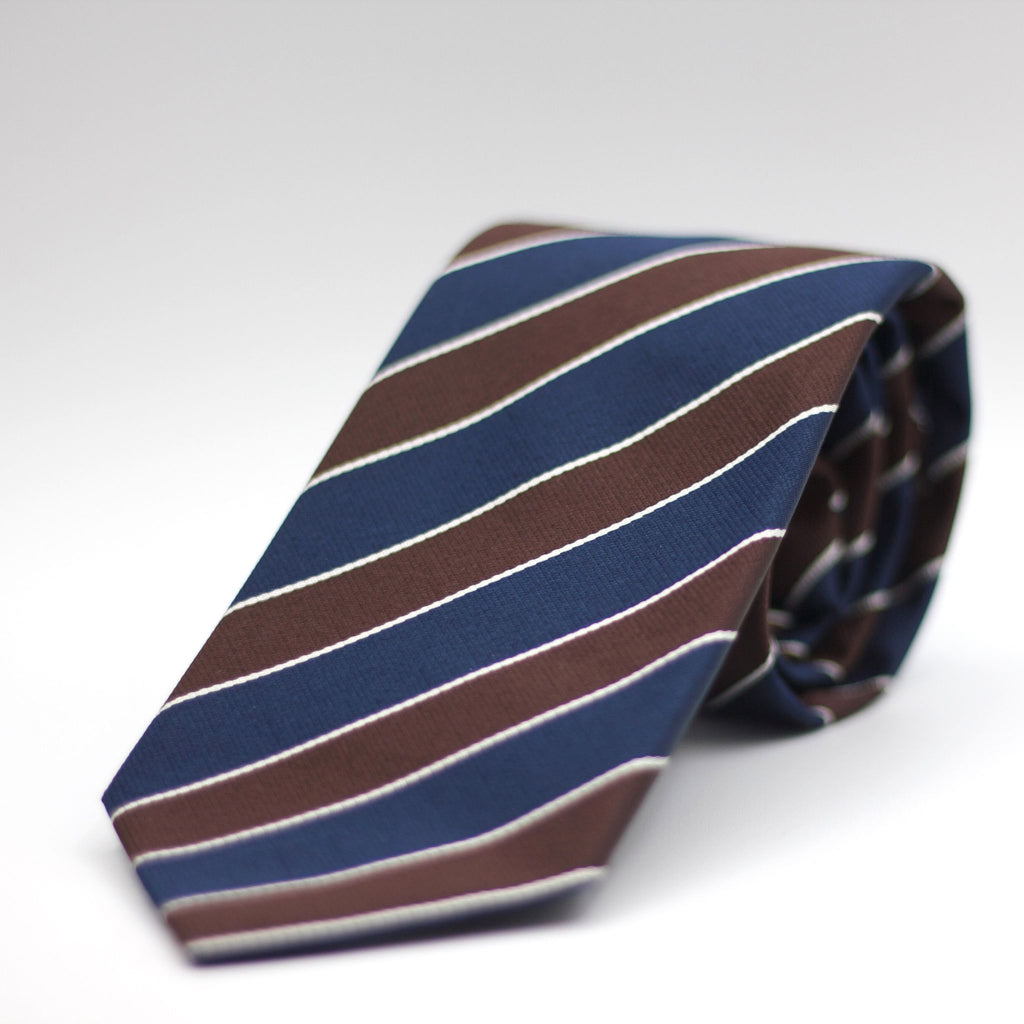 Holliday & Brown for Cruciani & Bella 100% Silk Jacquard  Regimental "Marguerite Club" Blue, Brown and White stripes tie Handmade in Italy 8 cm x 150 cm