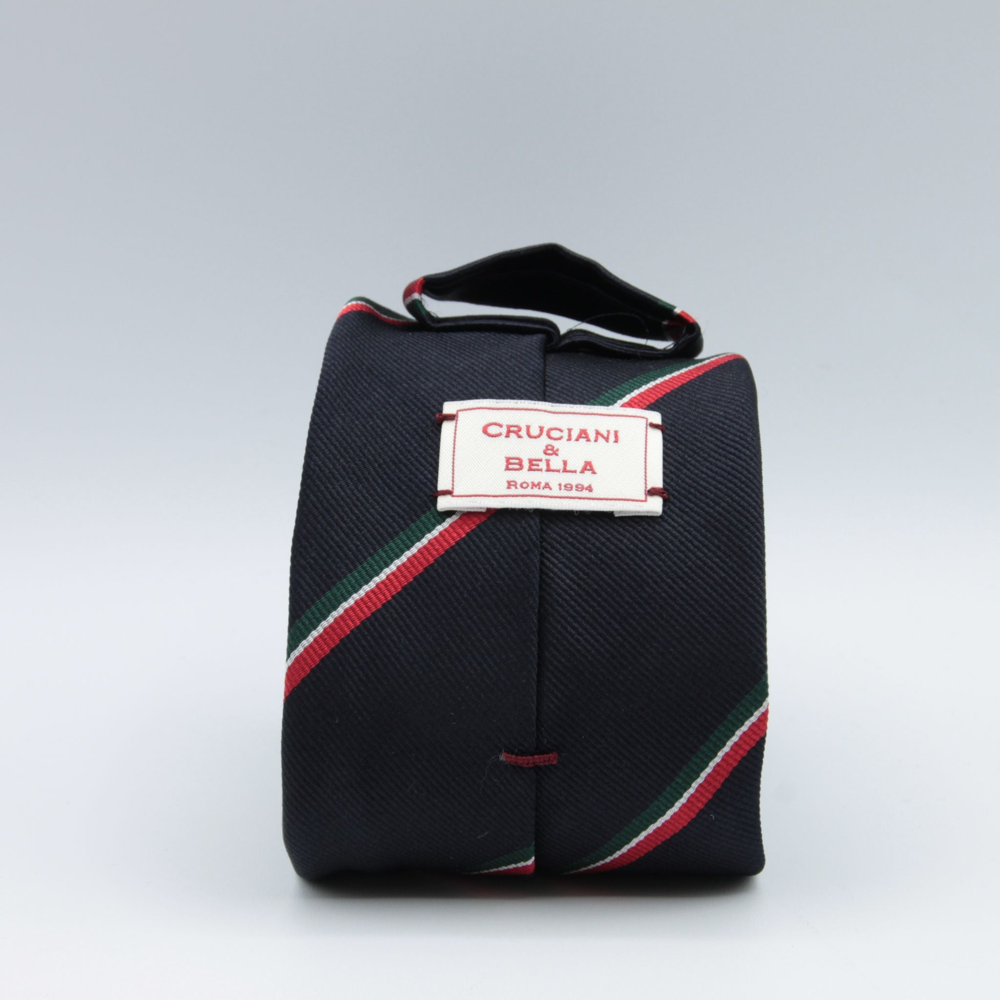 Cruciani & Bella 100% Silk Slim Shape Jacquard  Unlined Regimental "Merchant Service" Navy, Green, and Red stripes tie Handmade in Italy 8 cm x 150 cm #7705