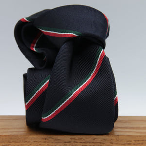 Cruciani & Bella 100% Silk Slim Shape Jacquard  Unlined Regimental "Merchant Service" Navy, Green, and Red stripes tie Handmade in Italy 8 cm x 150 cm #7705