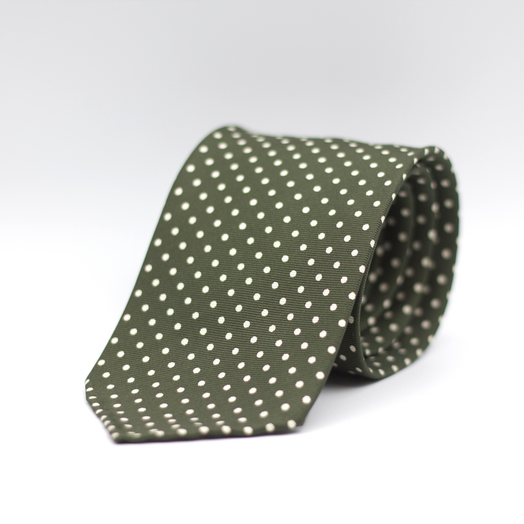 Cruciani & Bella 100% Printed Silk 36 oz UK fabric Unlined Military Green, Off White Dots Unlined Tie Handmade in Italy 8 x 150 cm