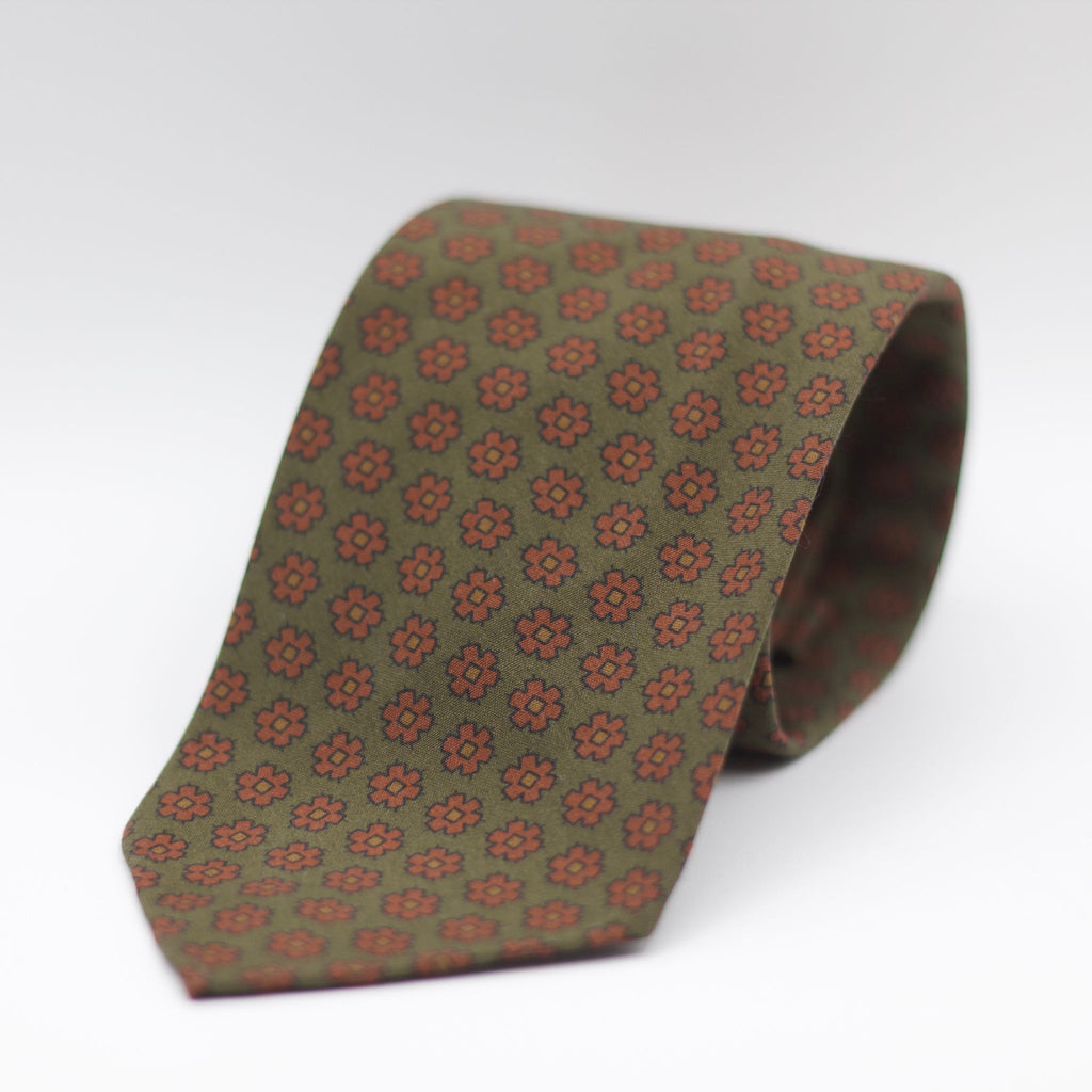 Cruciani & Bella 100% Printed Madder Silk  Italian fabric Unlined tie Military Green and Brown Motif Unlined Tie Handmade in Italy 8 cm x 150 cm