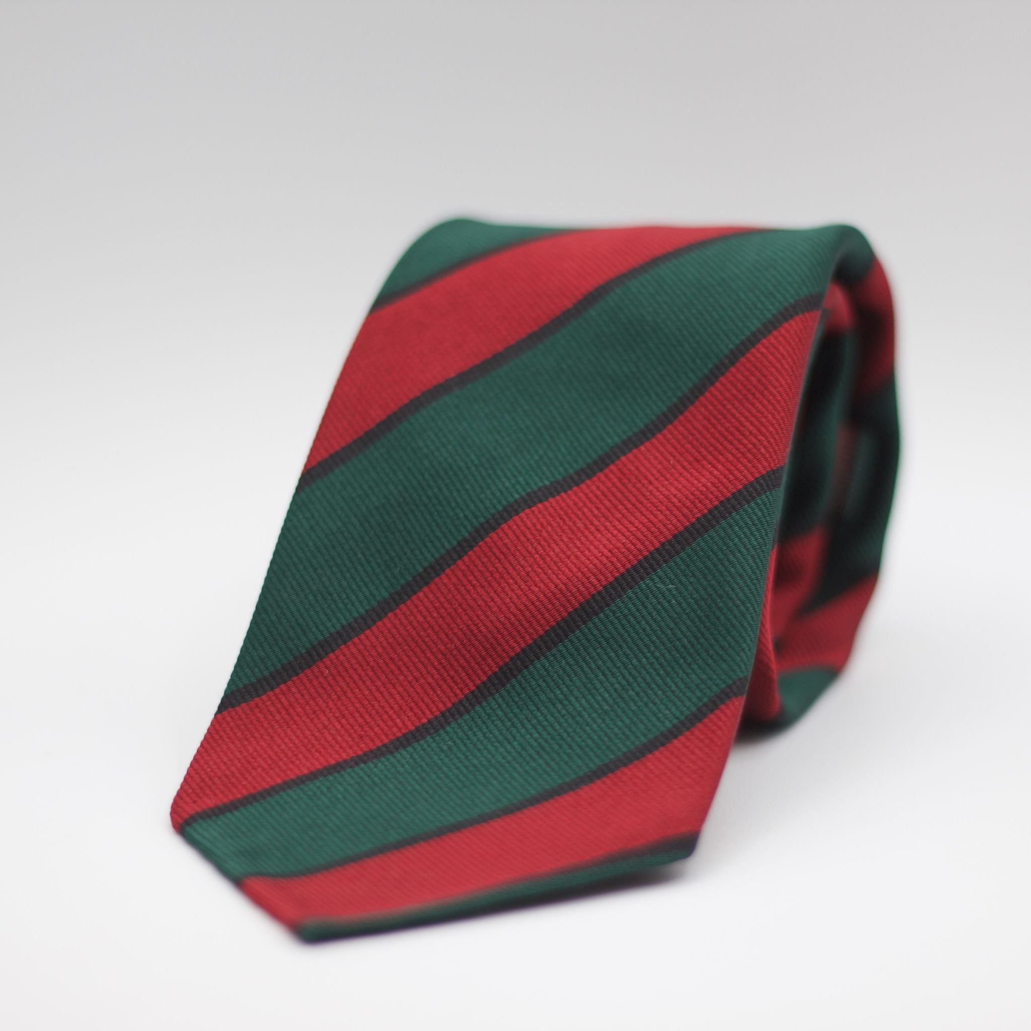 Cruciani & Bella 100% Silk Slim Shape Jacquard  Unlined Regimental "Montgomeryshire Yeomanry" Red, Green and Black stripes tie Handmade in Italy 8 cm x 150 cm