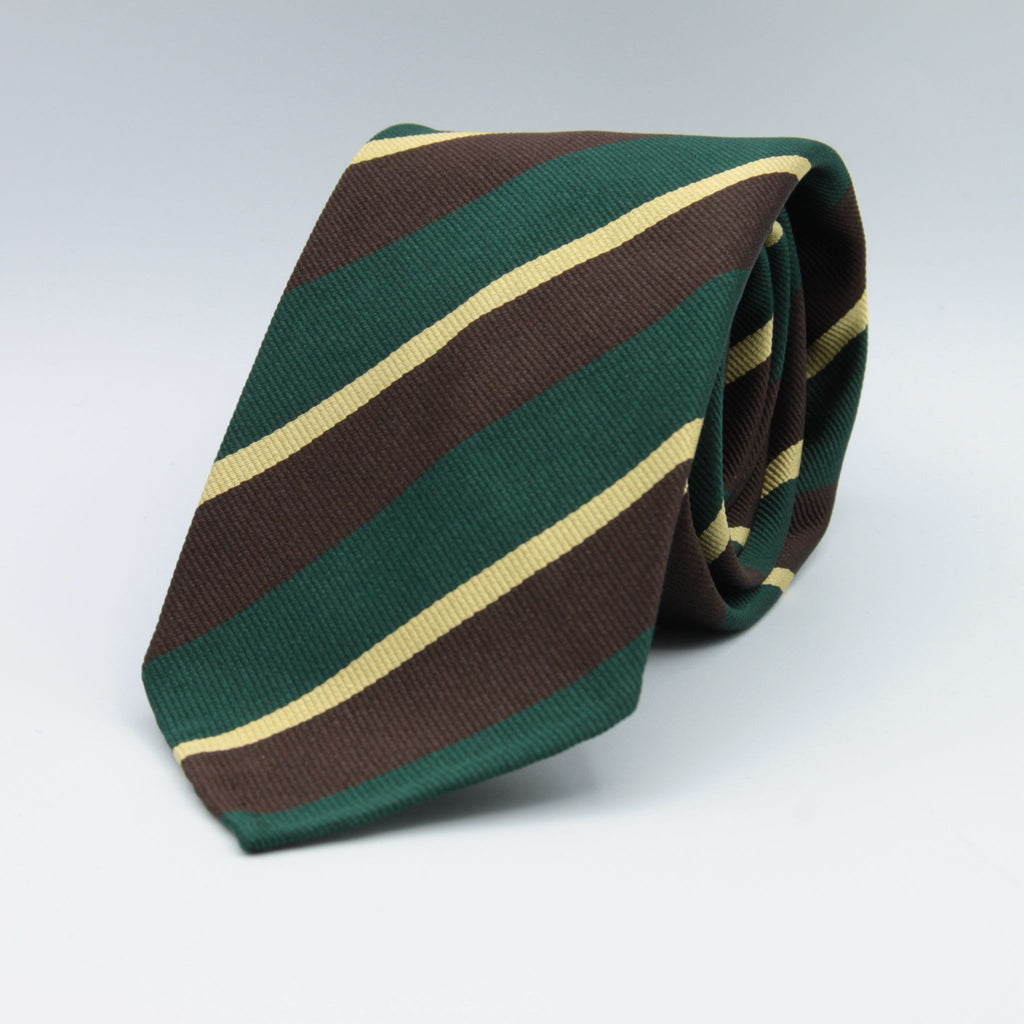 Cruciani & Bella 100% Silk Slim Shape Jacquard  Unlined Regimental "Old Ardingly" Green, Brown and Yellow stripes tie Handmade in Italy 8 cm x 150 cm #7710