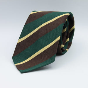 Cruciani & Bella 100% Silk Slim Shape Jacquard  Unlined Regimental "Old Ardingly" Green, Brown and Yellow stripes tie Handmade in Italy 8 cm x 150 cm #7710