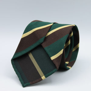 Cruciani & Bella 100% Silk Slim Shape Jacquard  Unlined Regimental "Old Ardingly" Green, Brown and Yellow stripes tie Handmade in Italy 8 cm x 150 cm #7710