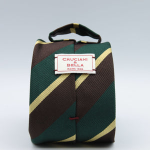 Cruciani & Bella 100% Silk Slim Shape Jacquard  Unlined Regimental "Old Ardingly" Green, Brown and Yellow stripes tie Handmade in Italy 8 cm x 150 cm #7710