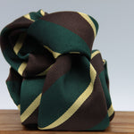 Cruciani & Bella 100% Silk Slim Shape Jacquard  Unlined Regimental "Old Ardingly" Green, Brown and Yellow stripes tie Handmade in Italy 8 cm x 150 cm #7710