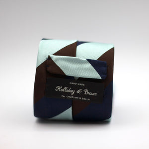 Holliday & Brown for Cruciani & Bella 100% Silk Jacquard  Regimental "Old Beaumont" Blue, Brown and Light Blue stripes tie Handmade in Italy 8 cm x 150 cm