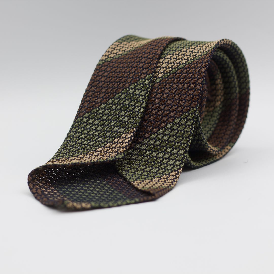 Cruciani & Bella 100% Silk Garza Grossa Woven in Italy Unlined Hand rolled blades Olive Green, Brown and Camel Handmade in Italy 8 cm x 150 cm