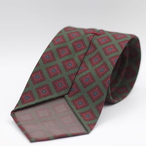 Cruciani & Bella  100% Printed Madder Silk  Italian fabric  Unlined tie Olive Green, Burgundy, light Burgundy, Blue and Yellow Medallions Handmade in Italy 8 cm x 150 cm