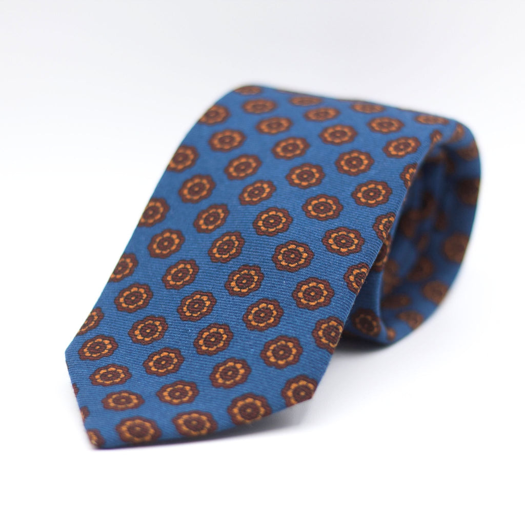 Holliday & Brown for Cruciani & Bella 100% Printed Wool  Self-Tipped Olympic Blue, Orange and Burgundy  Motif Tie Handmade in Italy 8 cm x 148 cm