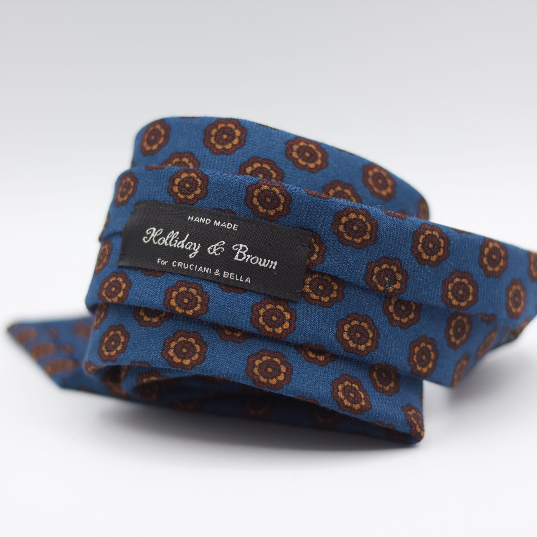 Holliday & Brown for Cruciani & Bella 100% Printed Wool  Self-Tipped Olympic Blue, Orange and Burgundy  Motif Tie Handmade in Italy 8 cm x 148 cm