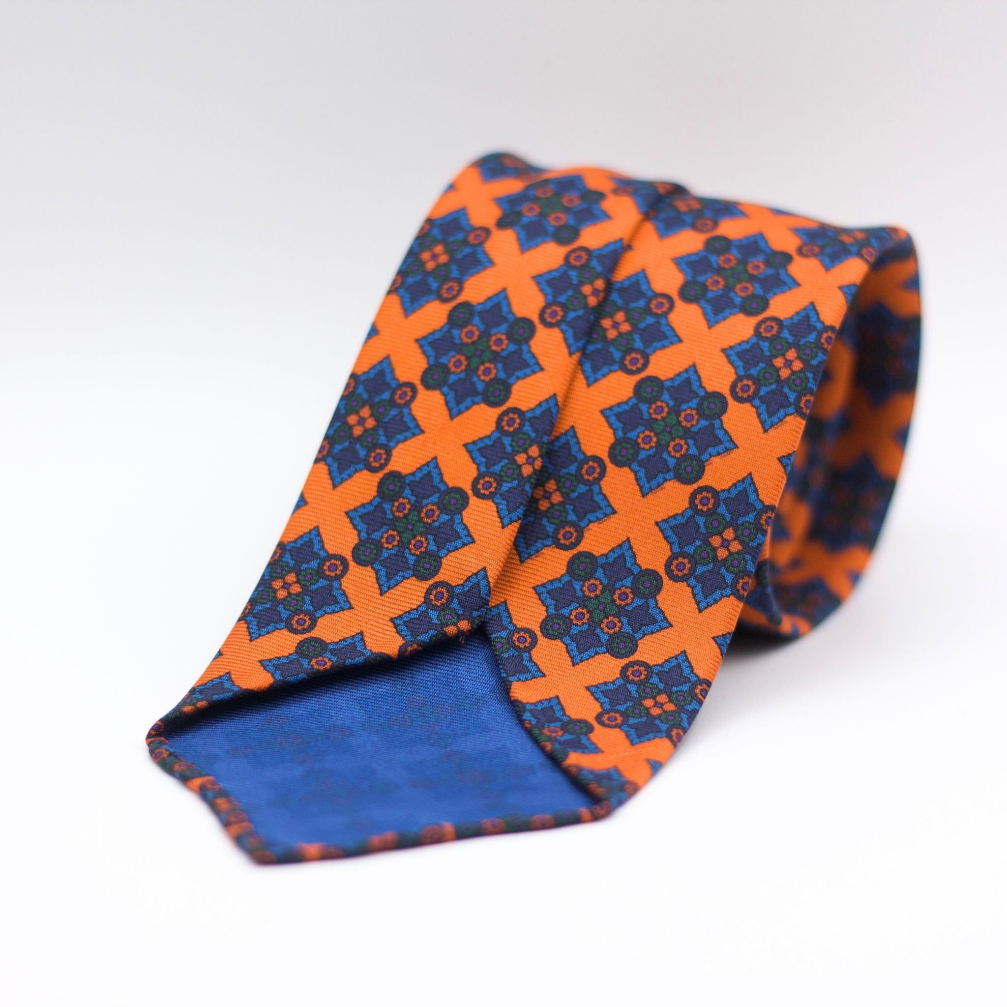 Cruciani & Bella 100% Printed Silk 36 oz UK fabric Unlined Orange, Blue, Light Blue and Green Unlined Tie Handmade in Italy 8 x 150 cm
