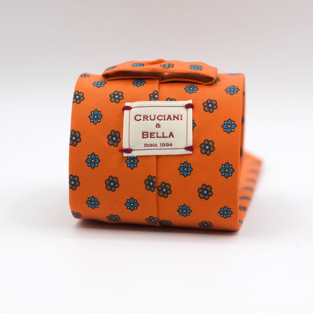 Cruciani & Bella - Printed Madder Silk  - Orange, Blue and Brown Tie