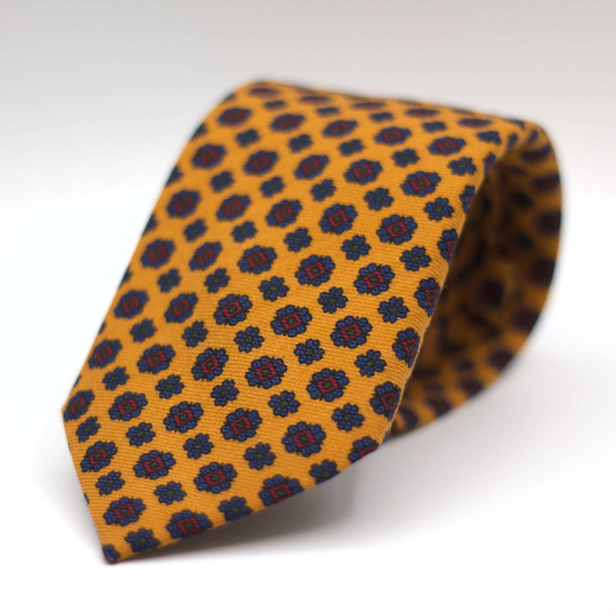 Holliday & Brown for Cruciani & Bella 100% Printed Wool  Tipped Orange, Blue and Burgundy Motif Tie Handmade in Italy 8 cm x 148 cm