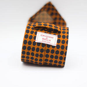 Cruciani & Bella 100%  Printed Wool  Unlined Hand rolled blades Orange, Blue and Burgundy Motifs Tie Handmade in Italy 8 cm x 150 cm