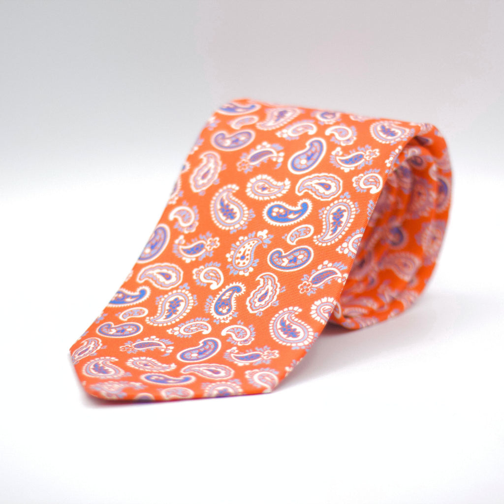 Cruciani &amp; Bella 100% Printed Silk Silk Made in England&nbsp; Self-tipped Orange, Blue and White Paisley Motif Tie 8 cm x 150 cm Handmade in &nbsp;England