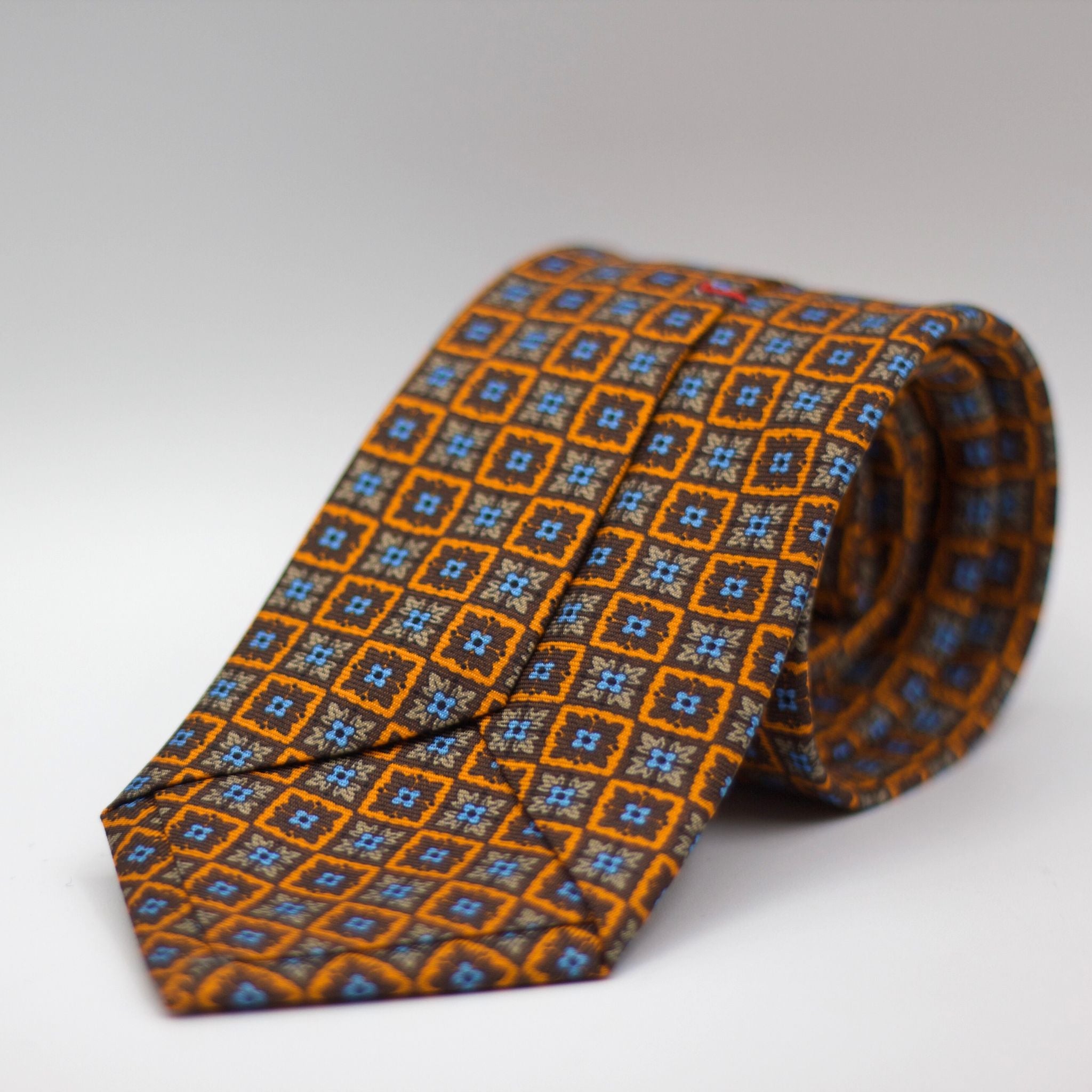 Cruciani & Bella 100% Silk Printed Self-Tipped Orange, Brown and Light Blue Motif Tie Handmade in Rome, Italy. 8 cm x 150 cm