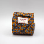 Cruciani & Bella 100% Silk Printed Self-Tipped Orange, Brown and Light Blue Motif Tie Handmade in Rome, Italy. 8 cm x 150 cm