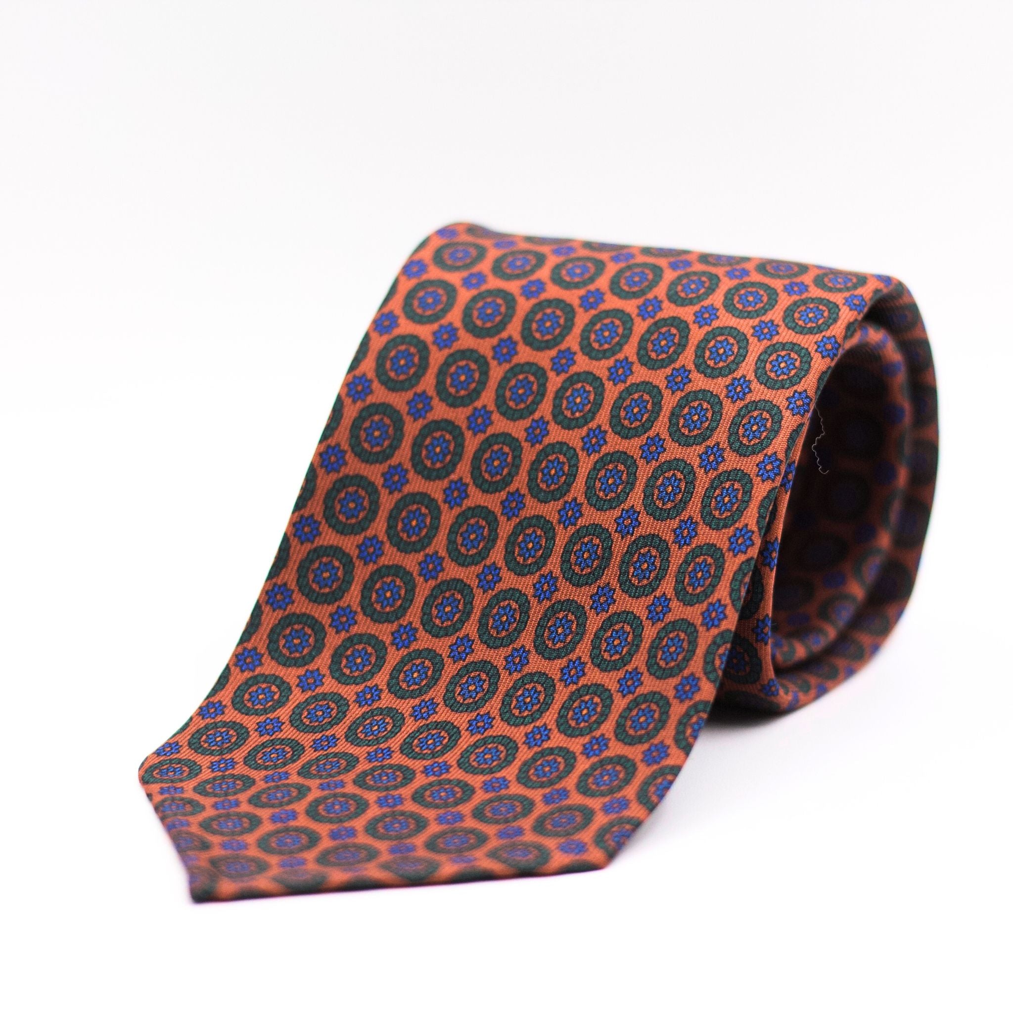 Cruciani & Bella 100% Printed Silk Unlined Orange, Green and Blue Motif Unlined Tie Handmade in England 8 x 153 cm