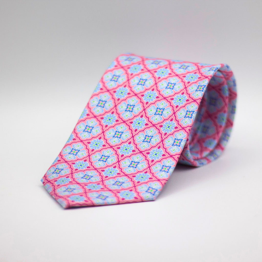 Cruciani &amp; Bella 100% Printed Silk Silk Made in England&nbsp; Self-tipped Pink, Baby Blue, Green and White Motif Tie 8 cm x 150 cm Handmade in &nbsp;England