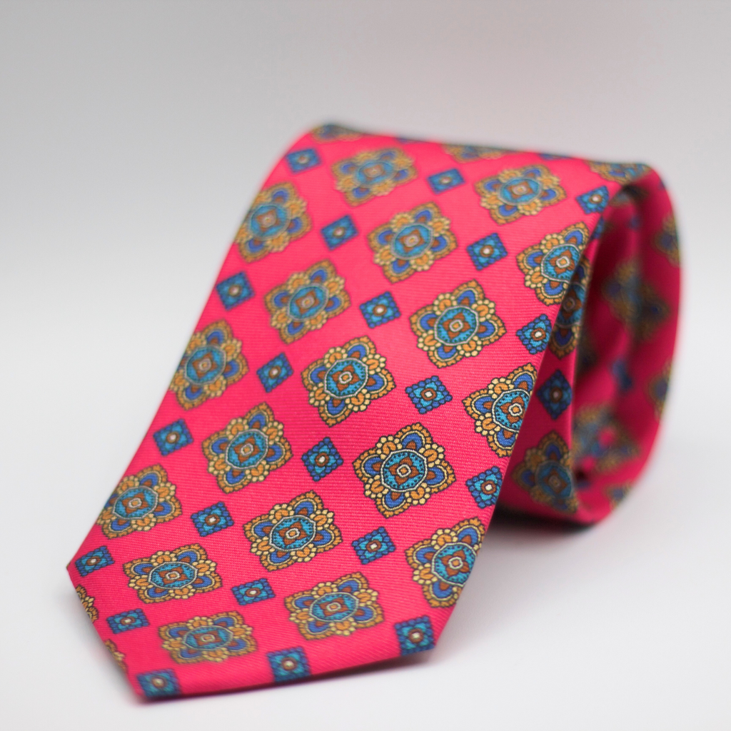 Cruciani & Bella 100% Silk Printed Self-Tipped Pink, Blue, Light Blue and Brown Motif Tie Handmade in Rome, Italy. 8 cm x 150 cm