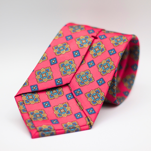 Cruciani & Bella 100% Silk Printed Self-Tipped Pink, Blue, Light Blue and Brown Motif Tie Handmade in Rome, Italy. 8 cm x 150 cm