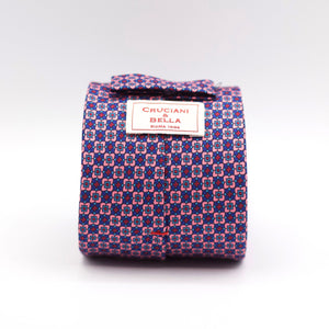 Cruciani & Bella 100% Silk Printed Self-Tipped Pink, Blue, Red and Light Blue Tie Handmade in Rome, Italy. 8 cm x 150 cm