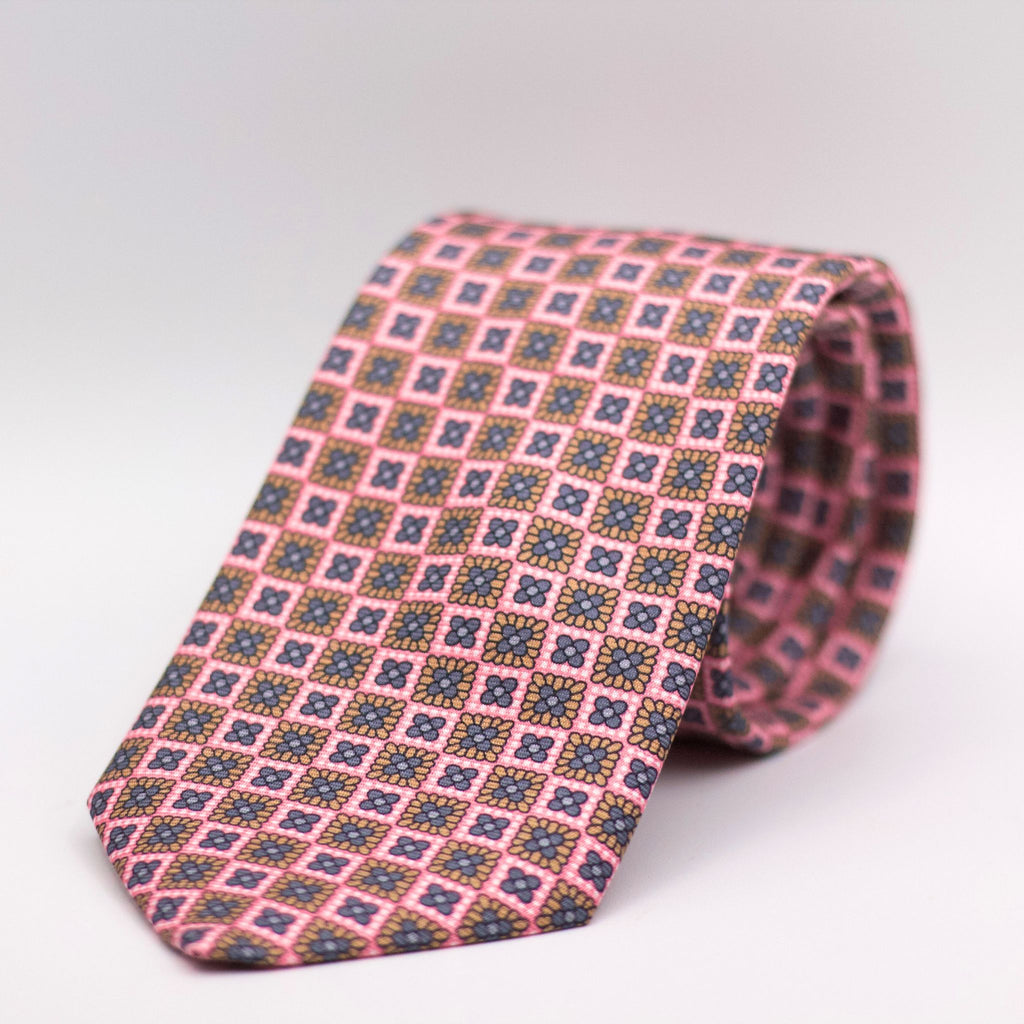 Cruciani & Bella 100% Silk Printed Self-Tipped Pink, Brown and Grey Motif Tie Handmade in Rome, Italy. 8 cm x 150 cm