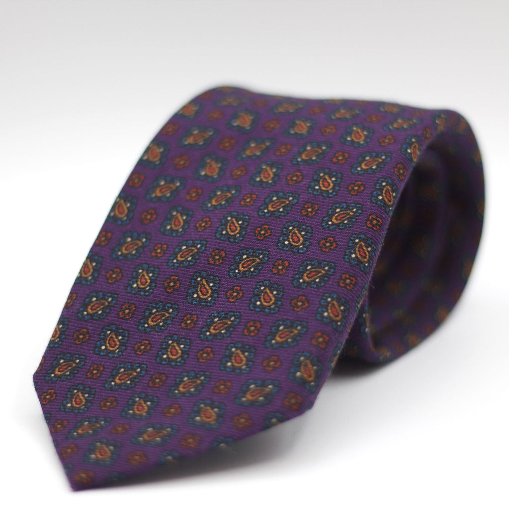 Holliday & Brown for Cruciani & Bella 100% Printed Wool  Self-Tipped Plum, Blue, Red and Brown Motif Tie Handmade in Italy 8 cm x 148 cm