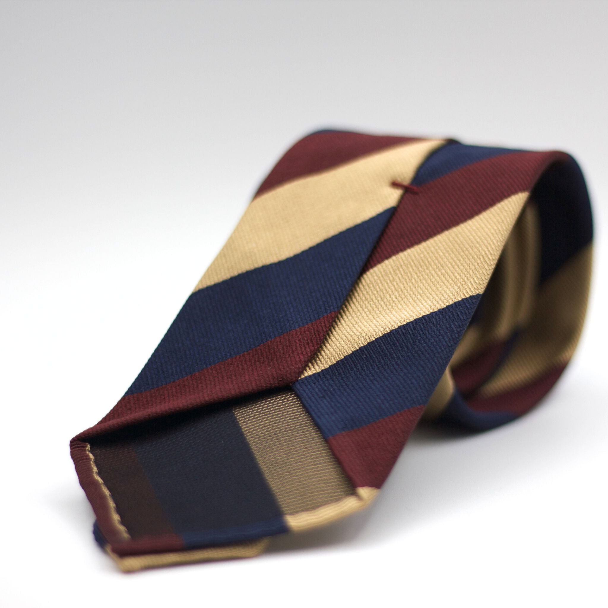 Cruciani & Bella 100% Silk Slim Shape Jacquard  Unlined Regimental " Prince of Wales Volunteers" Dark Blue, Gold and Wine stripes tie Handmade in Italy 8 cm x 150 cm