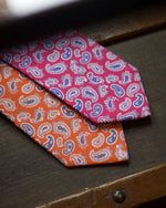 Cruciani &amp; Bella 100% Printed Silk Silk Made in England&nbsp; Self-tipped Orange, Blue and White Paisley Motif Tie 8 cm x 150 cm Handmade in &nbsp;England
