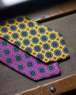 Cruciani &amp; Bella 100% Printed Silk Silk Made in England&nbsp; Self-tipped Yellow, Blue, &nbsp;Pink and Light Yellow Motif Tie 8 cm x 150 cm Handmade in &nbsp;England