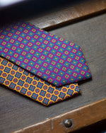 Cruciani &amp; Bella 100% Printed Silk Silk Made in England&nbsp; Self-tipped Yellow, Orange, Green and Purple Motif Tie 8 cm x 150 cm Handmade in &nbsp;England